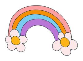 Groovy hand drawn rainbow with flowers. Floral rainbow symbol in y2k style. Illustration isolated on white background vector