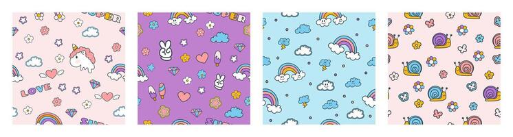 Groovy set of seamless patterns with funny hand-drawn elements in y2k style. Cute illustration for textile, paper, fabric, background, print design vector