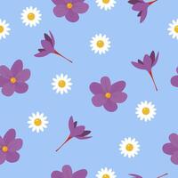 Floral seamless pattern with crocus and daisy on blue background. Illustration for textile, paper, fabric, background, print design vector