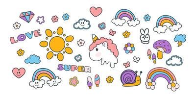 Set of funny cartoon doodle elements. Illustration in y2k style for sticker pack, poster, card design. Hand drawn collection isolated on white background vector