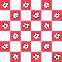 Seamless abstract pattern in y2k style. Red chessboard with groovy cartoon flowers vector