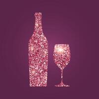 Glass and bottle of wine silhouette in pink glitter texture. Design for cover, menu, festival vector