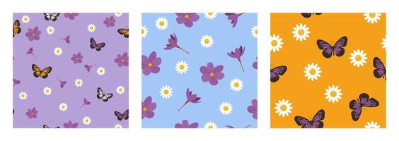 Set of seamless pattern with flowers, butterflies, crocus, daisy. Floral summer, spring illustration for textile, paper, fabric, background, print design vector
