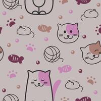 Seamless cartoon pattern of cats and kitten stuffs. Illustration for textile, paper, fabric, background, print design vector