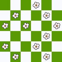 Seamless chessboard pattern in green color with flowers in y2k style. Groovy illustration for textile, paper, fabric, background, print design, wrapping, wallpaper vector