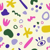 Abstract seamless pattern of colorful freehand doodles. Flat cartoon illustration with simple random shapes for textile, paper, fabric, background, print design vector