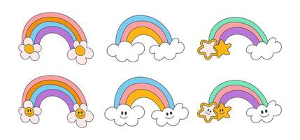 Set of rainbow with flowers, stars and clouds, elements with smile. Retro groovy mood, y2k style design. Hand drawn illustration isolated on white background vector
