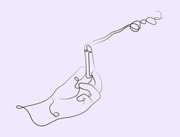 Hand holding a burning Palo santo sacreed stick. Space cleaning, esoteric illustration in one line, outline style vector
