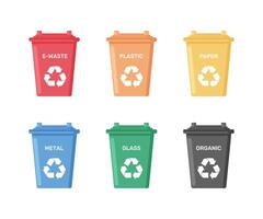 Six colored trash cans garbage bins for different types of waste. Illustration isolated on white background vector