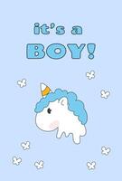 It's a boy. Baby shower invitation with cartoon unicorn with butterflies on blue background. Illustration for card, poster, banner, print design in y2k style vector