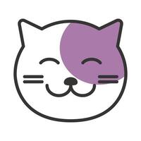 Smiling cat face icon with violet spot. Clip art doodle illustration, sign, symbol, design isolated on white background. Outline silhouette vector