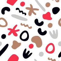 Abstract seamless pattern of colorful freehand red and black doodles. Flat cartoon illustration with simple random shapes for textile, paper, fabric, background, print design vector