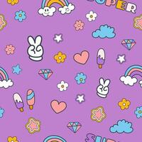 Seamless colorful pattern in y2k style, violet background with groovy elements. Illustration for textile, paper, fabric, background, print design vector