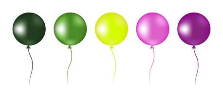 Set of realistic helium balloons of round shapes. Celebration decor in purple and green colors isolated on white background vector