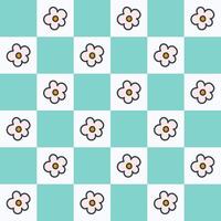 Seamless pattern in y2k style. Blue chessboard with groovy cartoon flowers vector