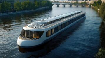 Luxurious modern river cruise ship sailing through serene landscapes, relaxation and elegance photo