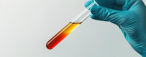 Gloved hand holding a test tube with yellow and red liquid for scientific research and analysis photo