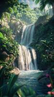 Tropical jungle waterfall cascading through dense rainforest. Serene nature scene, relaxation photo