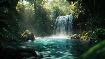 Tropical jungle waterfall cascading through dense rainforest. Serene nature scene, relaxation photo