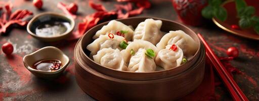 Delicious steamed dumplings in bamboo steamer, traditional Asian cuisine with appetizing presentation photo