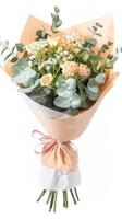 Elegant bouquet of roses, eucalyptus, and greenery wrapped in paper for weddings and celebrations photo