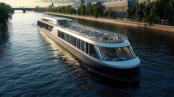 Luxurious modern river cruise ship sailing through serene landscapes, relaxation and elegance photo