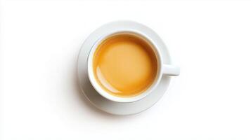 Top view of a cup of aromatic black coffee with rich crema, freshly brewed. White background. caffeine photo