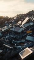 Massive pile of discarded electronics and circuit boards, highlighting e-waste. environmental issues photo