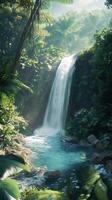 Tropical jungle waterfall cascading through dense rainforest. Serene nature scene, relaxation photo