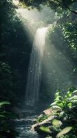 Tropical jungle waterfall cascading through dense rainforest. Serene nature scene, relaxation photo