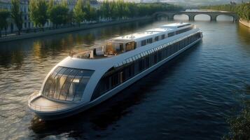Luxurious modern river cruise ship sailing through serene landscapes, relaxation and elegance photo