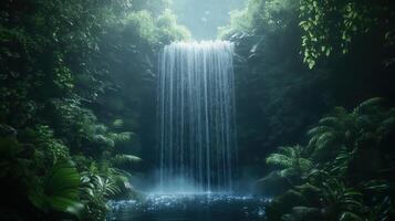 Tropical jungle waterfall cascading through dense rainforest. Serene nature scene, relaxation photo