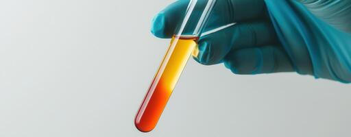 Gloved hand holding a test tube with yellow and red liquid for scientific research and analysis photo