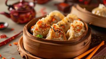 Delicious steamed dumplings in bamboo steamer, traditional Asian cuisine with appetizing presentation photo