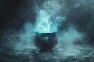 Bubbling witch's cauldron with fog. Magic effect. Halloween background. photo