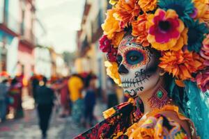 Vibrant parades on a street with floats, skeleton figures, people in full makeup at the Day of the Dead. photo