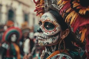 Vibrant parades on a street with floats, skeleton figures, people in full makeup at the Day of the Dead. photo