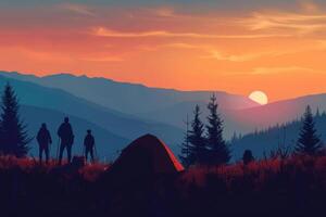 Sunset camping trip with silhouettes of hikers and tent in a meadow. Blurred mountains on a background. photo