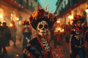 Vibrant parades on a street with floats, skeleton figures, people in full makeup at the Day of the Dead. photo