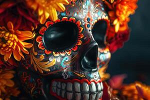 Close up of decorative sugar skull calaveras with bright, intricate patterns, marigold petals, wreaths and garlands for Day of the Dead. photo