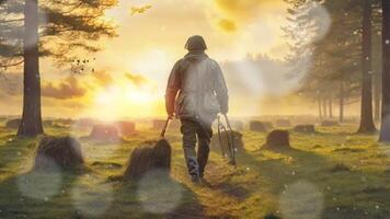 A lone figure with a rifle walks through a misty sunrise, approaching a herd of buffalo in a vast, serene field. The tranquility and connection to nature are palpable video