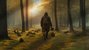 A lone figure with a rifle walks through a misty sunrise, approaching a herd of buffalo in a vast, serene field. The tranquility and connection to nature are palpable video