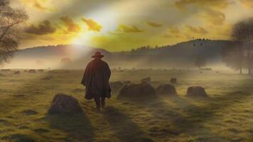 A lone figure with a rifle walks through a misty sunrise, approaching a herd of buffalo in a vast, serene field. The tranquility and connection to nature are palpable video