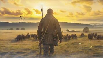 A lone figure with a rifle walks through a misty sunrise, approaching a herd of buffalo in a vast, serene field. The tranquility and connection to nature are palpable video