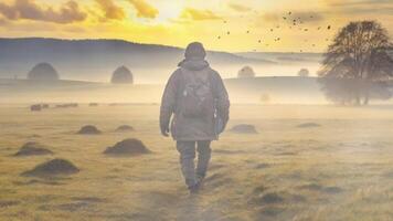 A lone figure with a rifle walks through a misty sunrise, approaching a herd of buffalo in a vast, serene field. The tranquility and connection to nature are palpable video