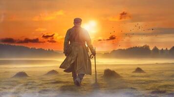 A lone figure with a rifle walks through a misty sunrise, approaching a herd of buffalo in a vast, serene field. The tranquility and connection to nature are palpable video
