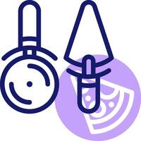 A pizza cutter and a knife are shown in a purple circle vector
