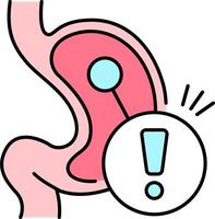 An illustration of a stomach with a red exclamation mark vector