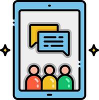 A tablet with a chat bubble and two people vector
