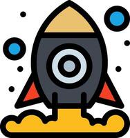 A rocket ship icon with a blue and yellow background vector